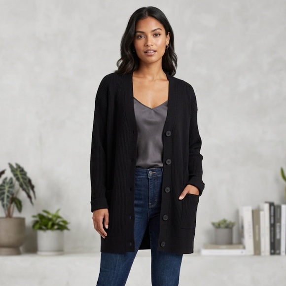 Brunette The Label Sweaters - Brunette The Label Ottoman Ribbed Oversized Button-Front Cardigan Black